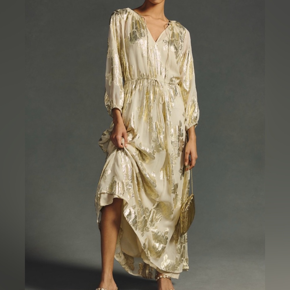 Anthropologie Shruti Sancheti Tie Nexk Maxi Dress Size XS in Gold